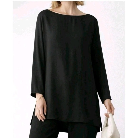 Eileen Fisher Tops - EILEEN FISHER 100% Silk Tunic Top Black Relaxed Lagenlook Luxury Minimalist Sz M